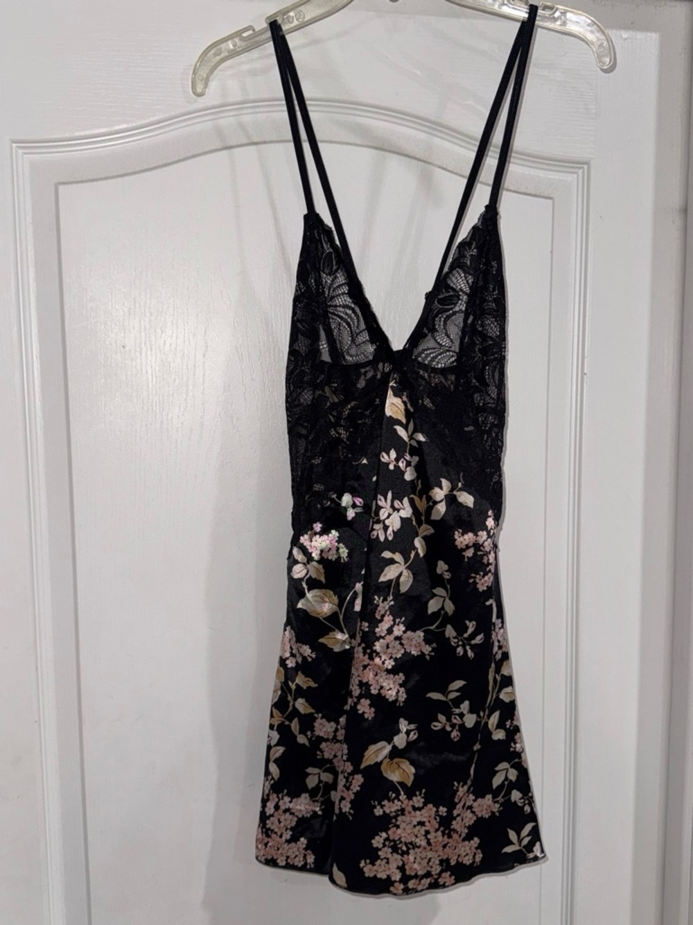 Black Floral Lace-Trim Satin Chemise with Adjustable Straps